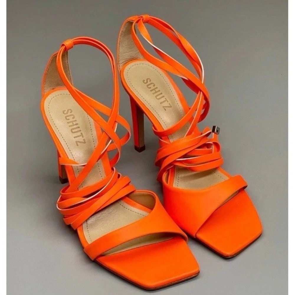 SCHUTZ Bryce Ankle Tie Women's High Heel Leather Strappy Sandal Acid Orange Sz 5